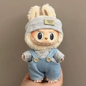 Blue Overalls Grey Shirt Clothing Outfit For Labubu, Doll Is Not Included